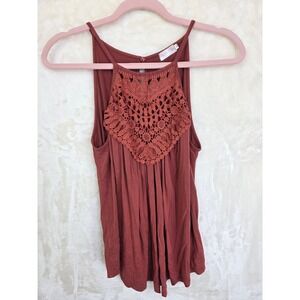 BLUETIME Women Rust Crochet Lace Bib High Neck Sleeveless Boho Tank Top Small